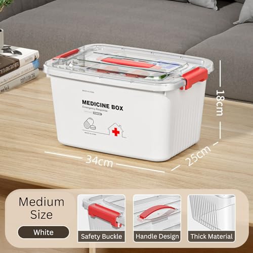 HoopVool Portable Double Layers Medicine Box, Comprehensive Home Emergency Medicine Storage Box – Organizer with Secure Lock & Handle, Multi-Size Option (White & Transparent) (WHITE, MEDIUM) - Image 2
