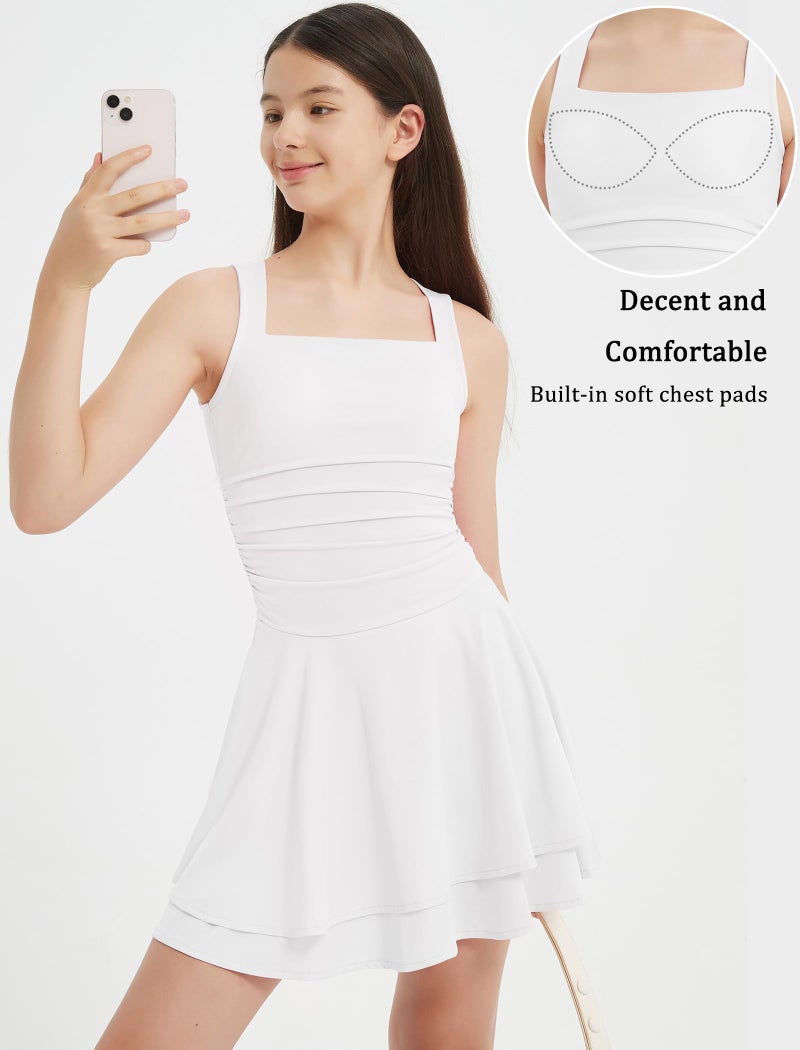 EXARUS Girls Square Neck Dress Teen Built in Bra Ruffle Mini Flowy Ruched Waist Tween Short Dance Easter Casual Dresses White 12Y - Image 3