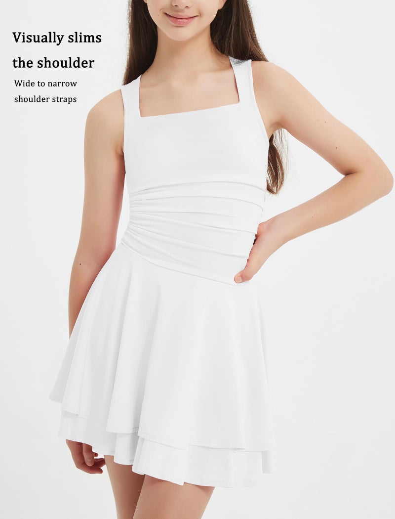 EXARUS Girls Square Neck Dress Teen Built in Bra Ruffle Mini Flowy Ruched Waist Tween Short Dance Easter Casual Dresses White 12Y - Image 5
