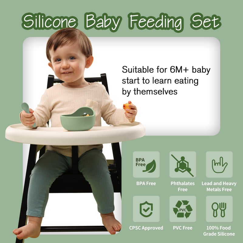 Catvegue Baby Led Weaning Supplies, 8 Piece BPA-Free Silicone Feeding Set, Silicone Suction Bowl, Forks & Spoons, Bib & Cup, Develops Self Feeding Skills, Dishwasher Safe, for 6+ Months (Green) - Image 3