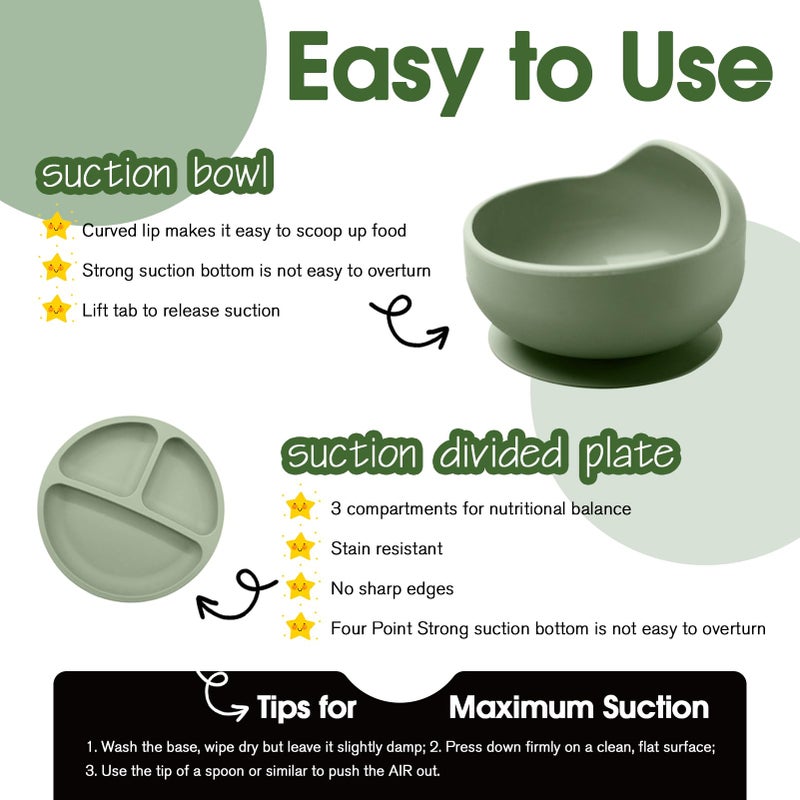 Catvegue Baby Led Weaning Supplies, 8 Piece BPA-Free Silicone Feeding Set, Silicone Suction Bowl, Forks & Spoons, Bib & Cup, Develops Self Feeding Skills, Dishwasher Safe, for 6+ Months (Green) - Image 4
