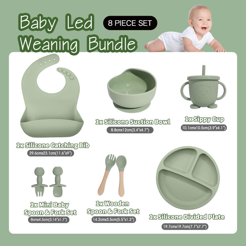 Catvegue Baby Led Weaning Supplies, 8 Piece BPA-Free Silicone Feeding Set, Silicone Suction Bowl, Forks & Spoons, Bib & Cup, Develops Self Feeding Skills, Dishwasher Safe, for 6+ Months (Green) - Image 2