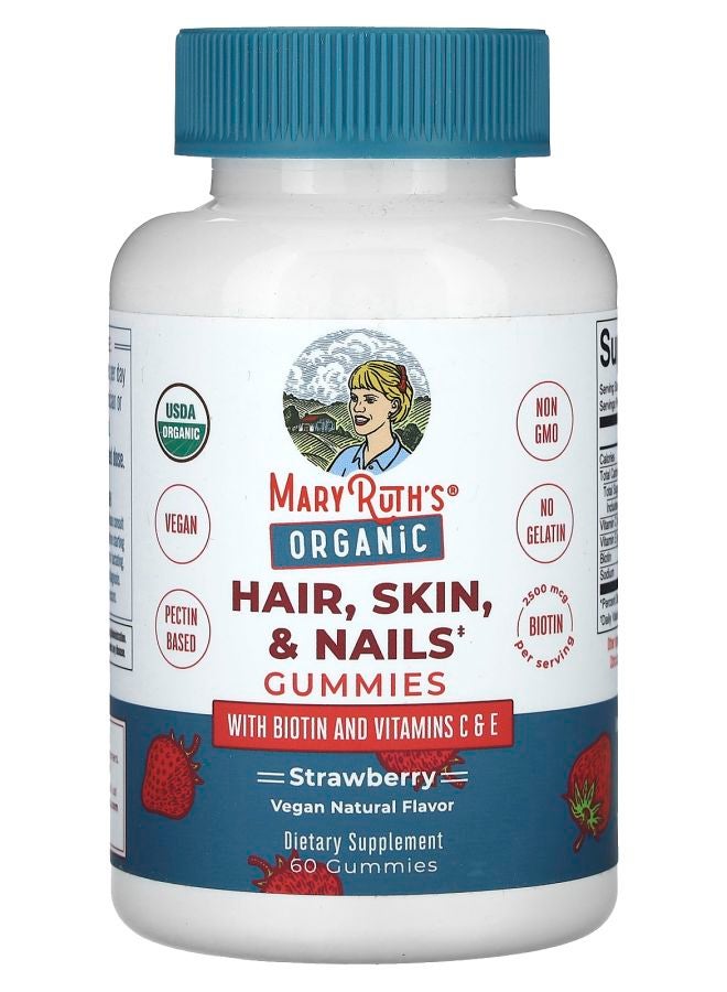 Organic Hair Skin & Nails Gummies Strawberry 2500 mcg 60 Gummies (1250 mcg Per Gummy)