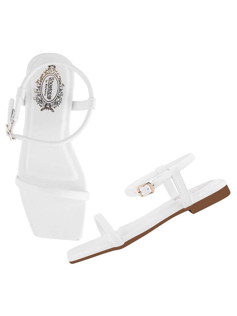 Shoetopia Women's SND-116 White Flat Sandal-3 Kids UK (SND-116-White)-EU36 - Image 1