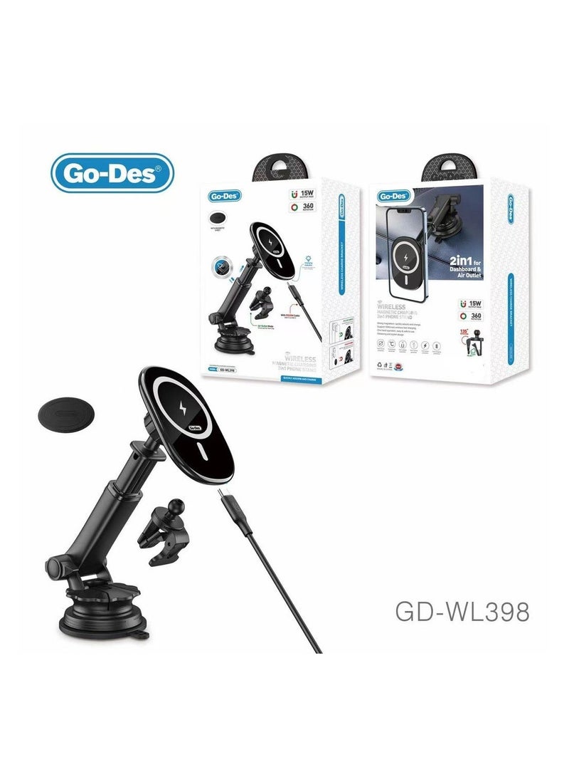Go-des WL 398 3 in 1 Car Wireless Phone Charger Fast Charging Dashboard - Image 1
