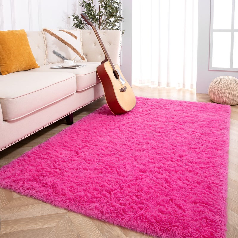 Foxmas Large Area Rugs for Living Room Bedroom 5x8 Feet Fluffy Kids Room Plush Shaggy Nursery Rug Furry Throw Carpets for Boys Girls College Dorm Fuzzy Rugs Home Decorate Rug Hot Pink