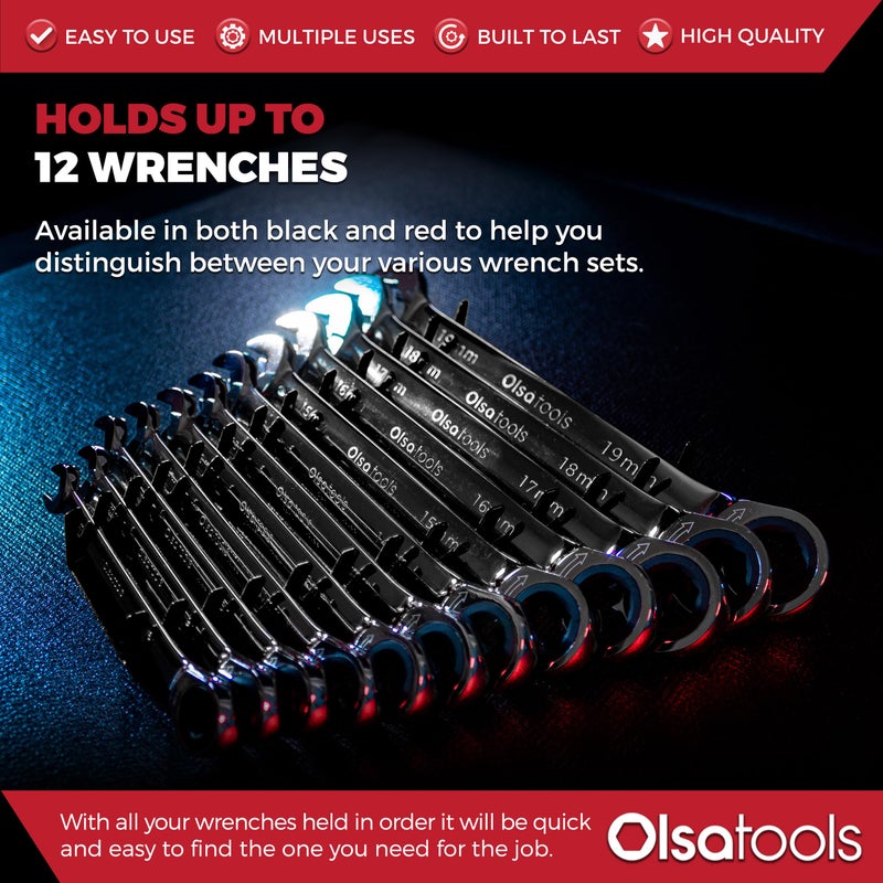 Olsa Tools Wrench Organizer (12 Slots) - Magnetic Holder Rack for Stubby Tools - Wall Mount Tray for SAE & Metric Storage - Professional-Grade Black Organizer - Part 1087 - Image 3