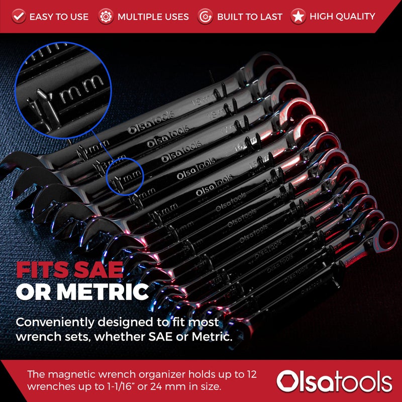Olsa Tools Wrench Organizer (12 Slots) - Magnetic Holder Rack for Stubby Tools - Wall Mount Tray for SAE & Metric Storage - Professional-Grade Black Organizer - Part 1087 - Image 4