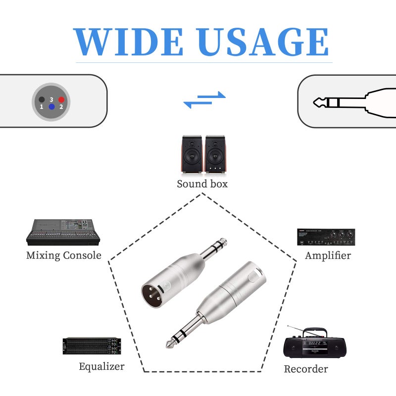Tisino 1/4" TRS to XLR Adapter, Balanced Quarter Inch 6.35mm Male to XLR Male Adapters - 2 Pack - Image 2
