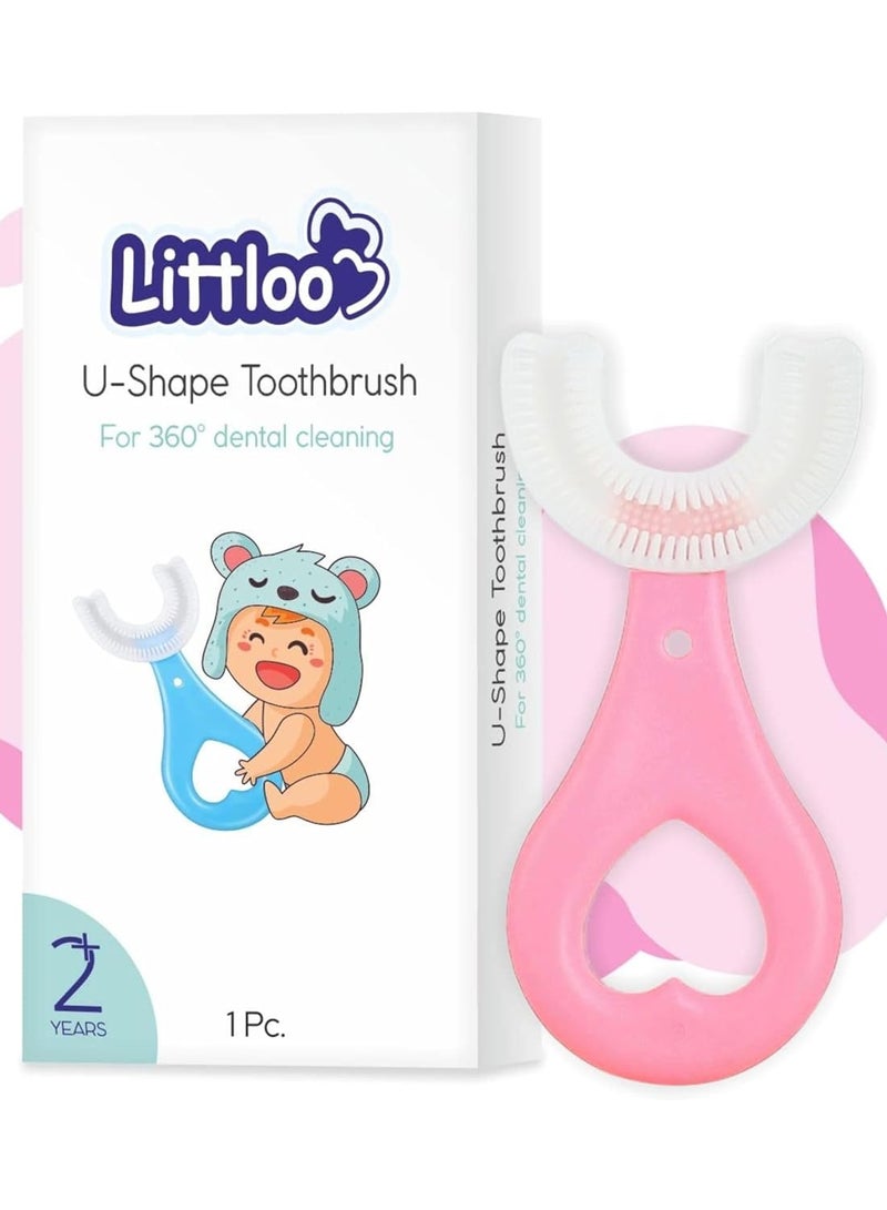 LITTLOO Baby U -Shaped Silicone Manual Tooth Brush With Soft & Elastic Bristles For Complete 360 Degree Dental Cleaning, Specially Designed For Toddlers & Children - (Pink) - Image 1