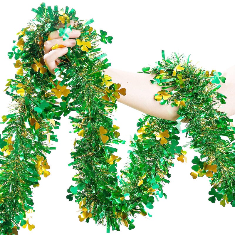 Hongsome St Patricks Day Garland Decor,50Ft Glitter Tinsel Irish Shamrock Garland Decorations for Tree Mantle Bedroom Office Classroom Party Indoor Outdoor Holiday Home Green Gold - Image 1