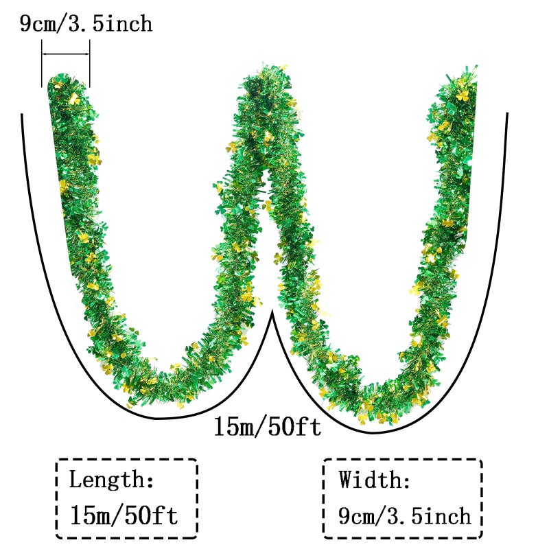 Hongsome St Patricks Day Garland Decor,50Ft Glitter Tinsel Irish Shamrock Garland Decorations for Tree Mantle Bedroom Office Classroom Party Indoor Outdoor Holiday Home Green Gold - Image 2