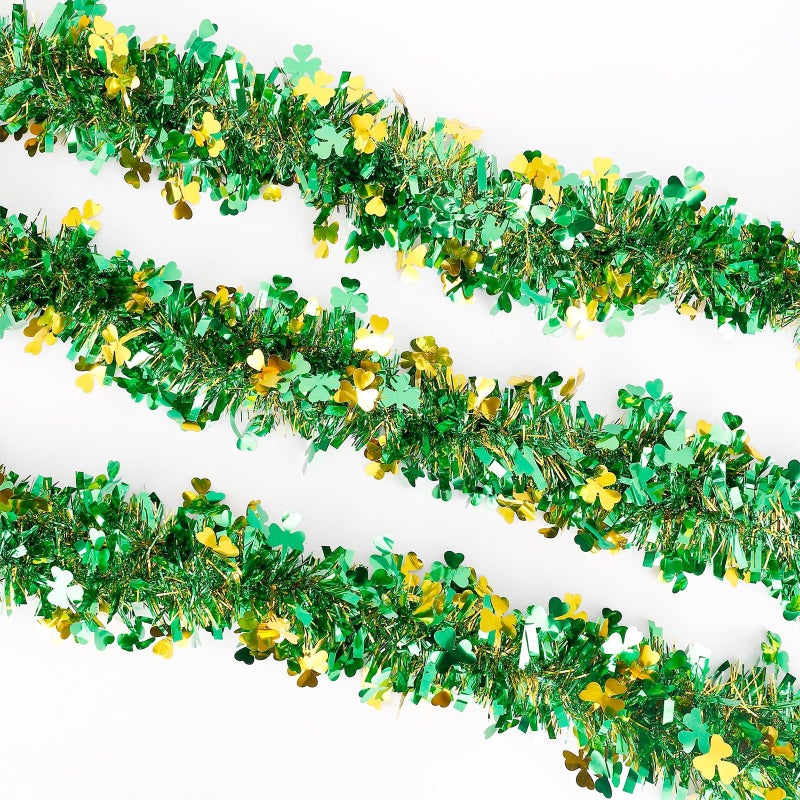 Hongsome St Patricks Day Garland Decor,50Ft Glitter Tinsel Irish Shamrock Garland Decorations for Tree Mantle Bedroom Office Classroom Party Indoor Outdoor Holiday Home Green Gold - Image 3