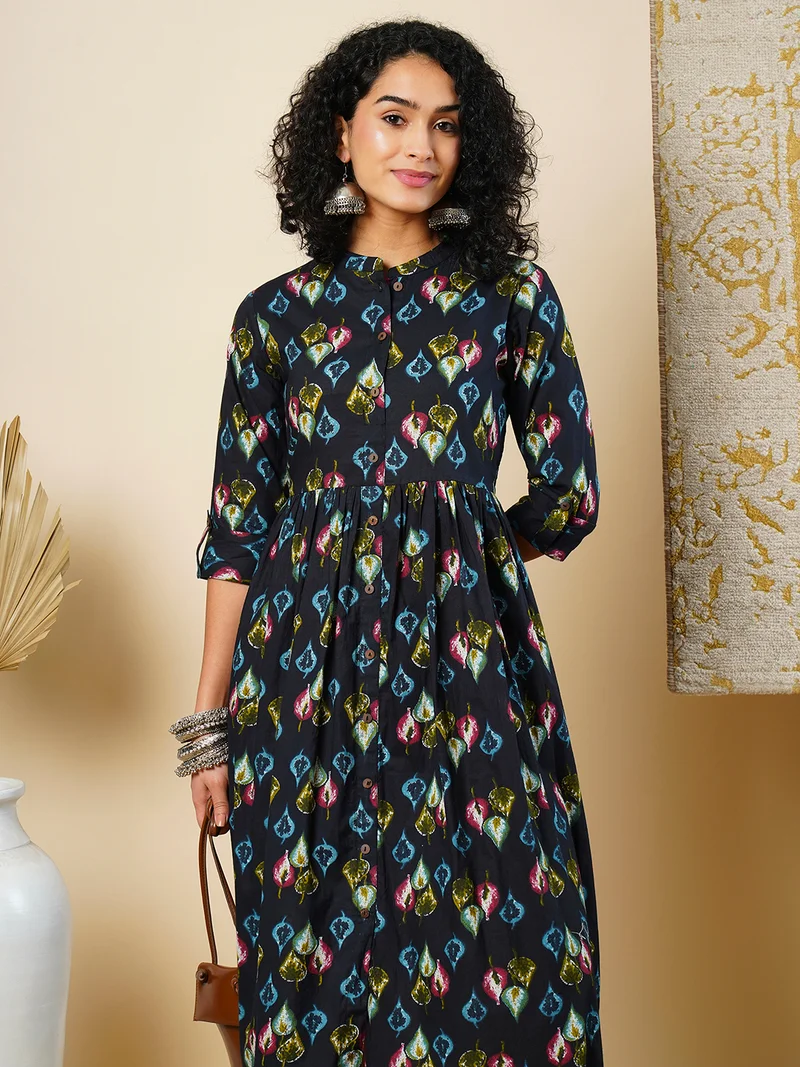 globus Women All Over Printed Collar Button A-Line Midi Ethnic Dress