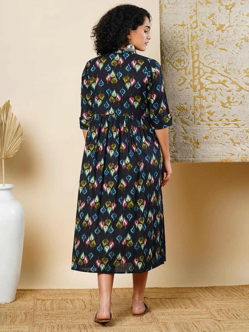 globus Women All Over Printed Collar Button A-Line Midi Ethnic Dress