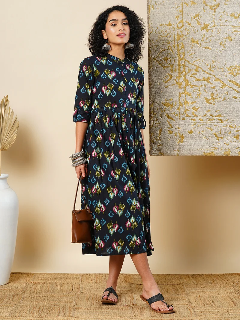 globus Women All Over Printed Collar Button A-Line Midi Ethnic Dress