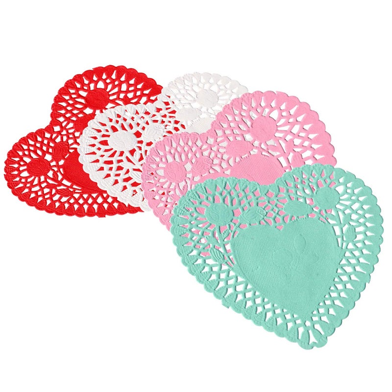 RIVCOIM Heart Doilies: Elegant Paper Doilies for Crafts and Valentines 6 inch-100 Pcs of Paper Heart Doilies in Red, Pink, White, Blue (25 Each). - Image 1