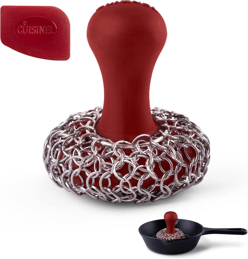 Cuisinel Cast Iron Chainmail Scrubber + Pan Scraper - The Patented Original Ergonomic Stainless & Silicone Pot & Skillet Cleaner - Premium Food-Safe Design - Easy Clean Dishwasher Safe Cookware Sponge - Image 1