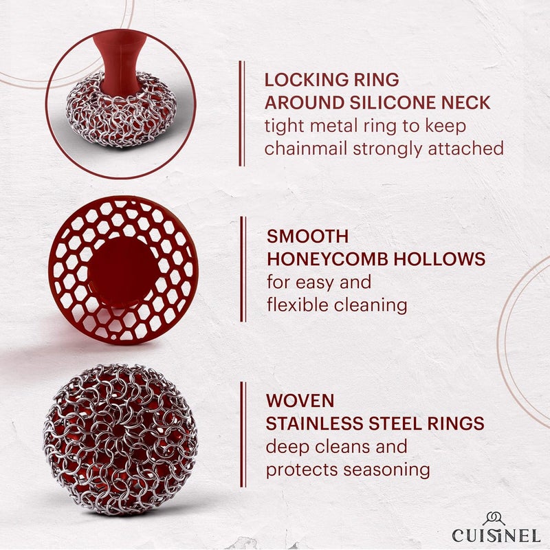 Cuisinel Cast Iron Chainmail Scrubber + Pan Scraper - The Patented Original Ergonomic Stainless & Silicone Pot & Skillet Cleaner - Premium Food-Safe Design - Easy Clean Dishwasher Safe Cookware Sponge - Image 5