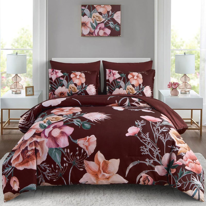 Luxudecor Burgundy Floral Comforter Set Queen Size 7 Piece, Flower Bed in a Bag, Elegant Floral Comforter with Sheet Set, Soft Microfiber Bedding Set for All Season (Burgundy, 90"x90") - Image 1