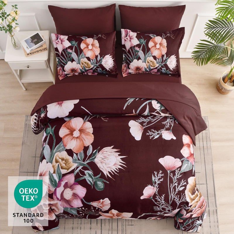 Luxudecor Burgundy Floral Comforter Set Queen Size 7 Piece, Flower Bed in a Bag, Elegant Floral Comforter with Sheet Set, Soft Microfiber Bedding Set for All Season (Burgundy, 90"x90") - Image 3