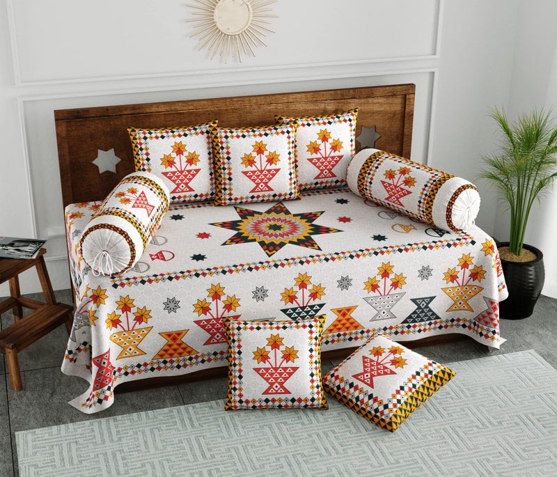 BLOCKS OF INDIA 200TC Diwan Set Cotton 8 Piece | Deewan Printed Bedsheet Sets for Living Room Hall (Set of 8 Piece, 1-Bed Sheet | 2-Bolster Cover | 5-Cushion Cover (Color 3) - Image 1