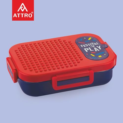 ATTRO Brike Mate Stainless Steel Lunch Box – 3 Compartments Bento Tiffin, Leak-Proof & Durable, Plastic Spoon, Ideal for Kids, School, Picnic – Red Blue – 600ml - Image 2