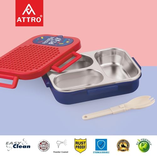 ATTRO Brike Mate Stainless Steel Lunch Box – 3 Compartments Bento Tiffin, Leak-Proof & Durable, Plastic Spoon, Ideal for Kids, School, Picnic – Red Blue – 600ml - Image 3