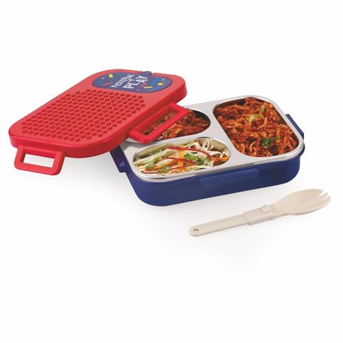 ATTRO Brike Mate Stainless Steel Lunch Box – 3 Compartments Bento Tiffin, Leak-Proof & Durable, Plastic Spoon, Ideal for Kids, School, Picnic – Red Blue – 600ml - Image 1