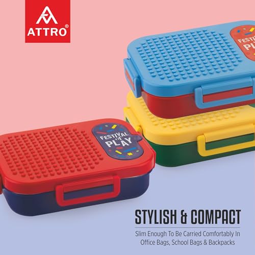 ATTRO Brike Mate Stainless Steel Lunch Box – 3 Compartments Bento Tiffin, Leak-Proof & Durable, Plastic Spoon, Ideal for Kids, School, Picnic – Red Blue – 600ml - Image 4