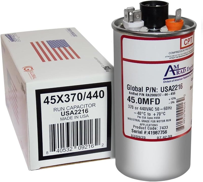 AMRAD Proline PB450E000S440DAGR Replacement - 45 uf/Mfd 370/440 VAC Round Universal Capacitor, Made in The U.S.A. - Image 1