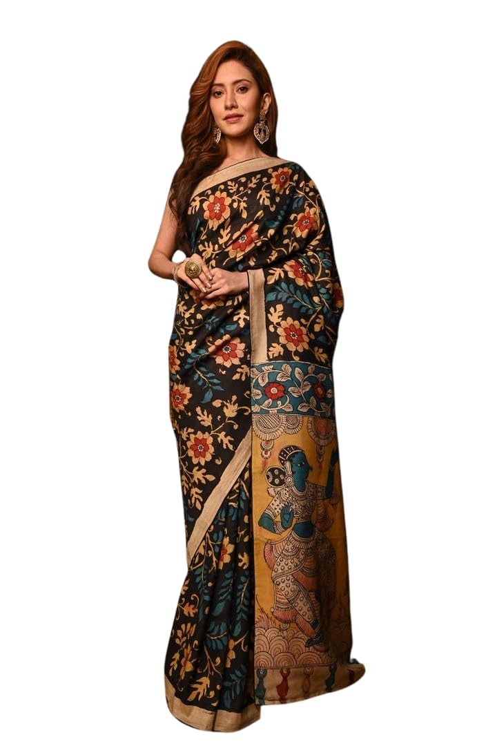 C J Enterprise Women’s Pure Soft Cotton Saree Linen For Kalamkari Silk Sarees Latest Party Design Wear Wedding Sadi With Blouse Piece sari south mulmul ikkat mul print 2024 New (Sai 238) (Multi) - Image 1