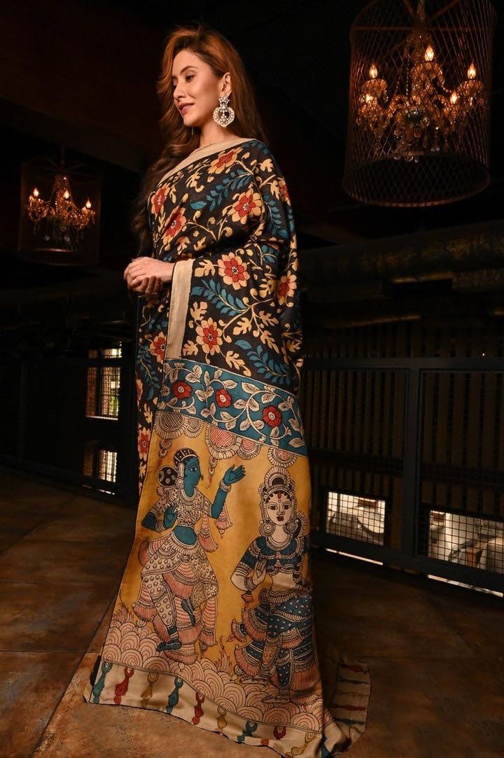 C J Enterprise Women’s Pure Soft Cotton Saree Linen For Kalamkari Silk Sarees Latest Party Design Wear Wedding Sadi With Blouse Piece sari south mulmul ikkat mul print 2024 New (Sai 238) (Multi) - Image 4