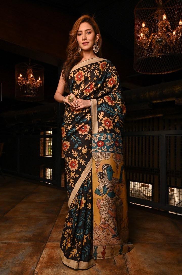 C J Enterprise Women’s Pure Soft Cotton Saree Linen For Kalamkari Silk Sarees Latest Party Design Wear Wedding Sadi With Blouse Piece sari south mulmul ikkat mul print 2024 New (Sai 238) (Multi) - Image 2