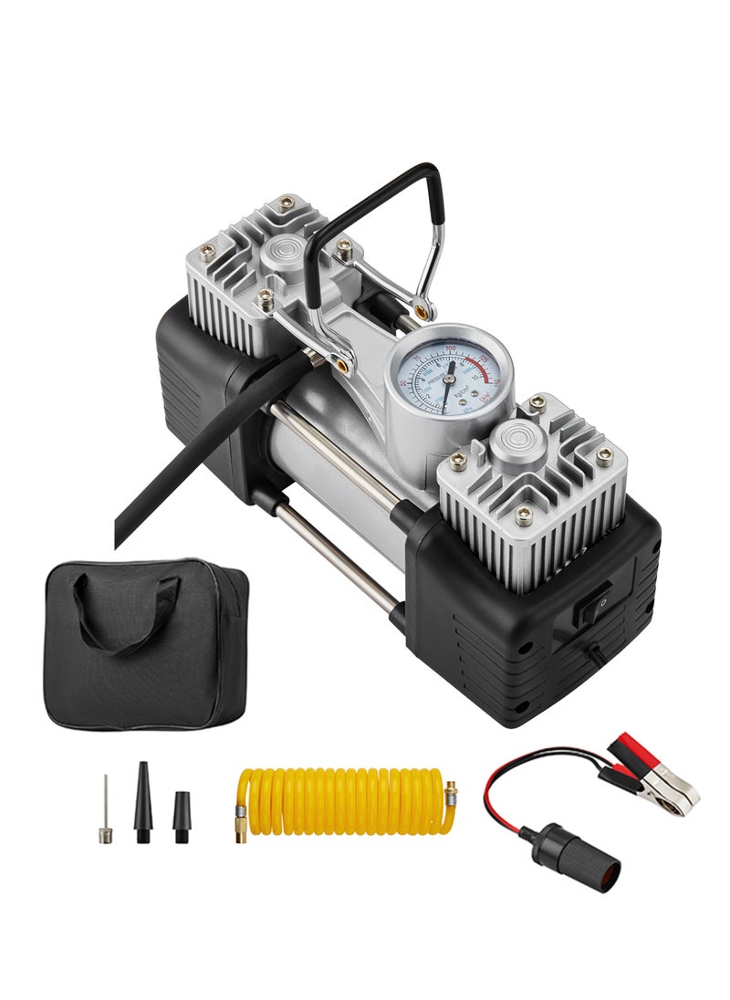 LAWAZIM - Double Cylinder Air Pump- Portable High-Pressure AirFlow and Low-noise Emission with Three Attachment Heads- for Cars, Vehicles, Automotives and Bike Tires on Roadsides and Camping Emergencies - Image 1