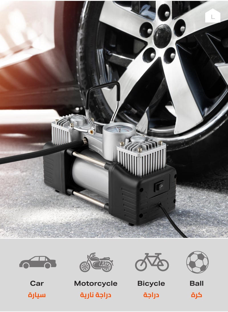 LAWAZIM - Double Cylinder Air Pump- Portable High-Pressure AirFlow and Low-noise Emission with Three Attachment Heads- for Cars, Vehicles, Automotives and Bike Tires on Roadsides and Camping Emergencies - Image 1