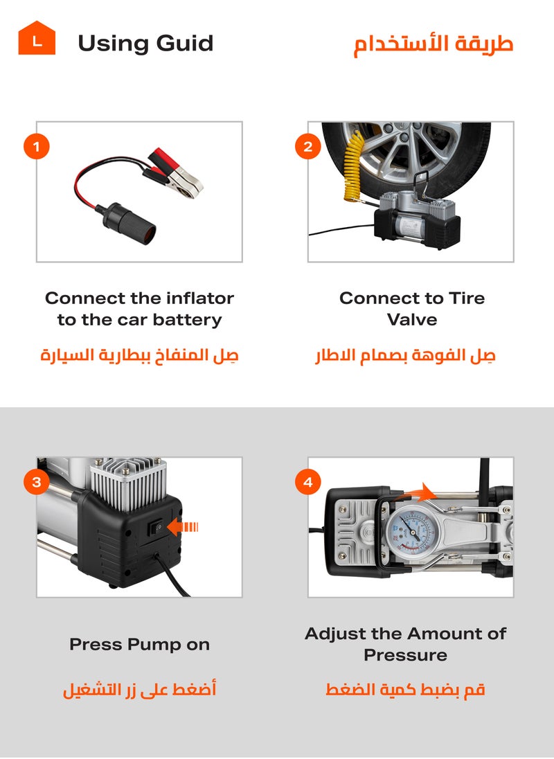 LAWAZIM - Double Cylinder Air Pump- Portable High-Pressure AirFlow and Low-noise Emission with Three Attachment Heads- for Cars, Vehicles, Automotives and Bike Tires on Roadsides and Camping Emergencies - Image 1