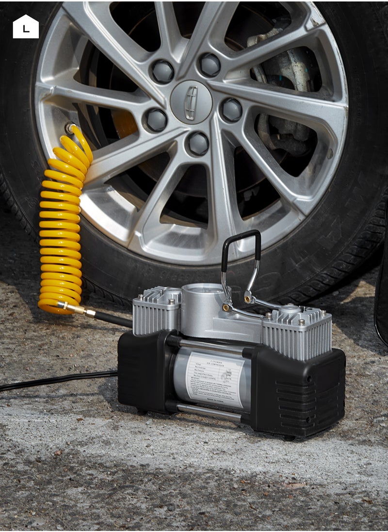 LAWAZIM - Double Cylinder Air Pump- Portable High-Pressure AirFlow and Low-noise Emission with Three Attachment Heads- for Cars, Vehicles, Automotives and Bike Tires on Roadsides and Camping Emergencies - Image 1