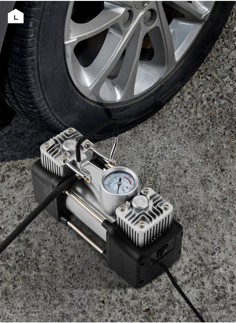 LAWAZIM - Double Cylinder Air Pump- Portable High-Pressure AirFlow and Low-noise Emission with Three Attachment Heads- for Cars, Vehicles, Automotives and Bike Tires on Roadsides and Camping Emergencies - Image 1