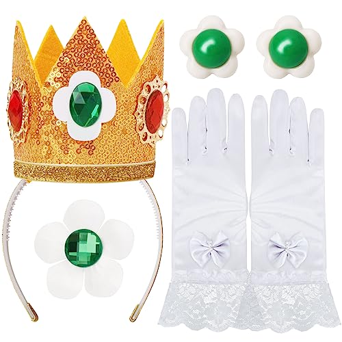 ICECUTE 4 PCS Princess Crown Accessories Kit,Incl. Flower Crown/Brooch/Earring/Glove,Dress Up Accessories for Women Gold - Image 1