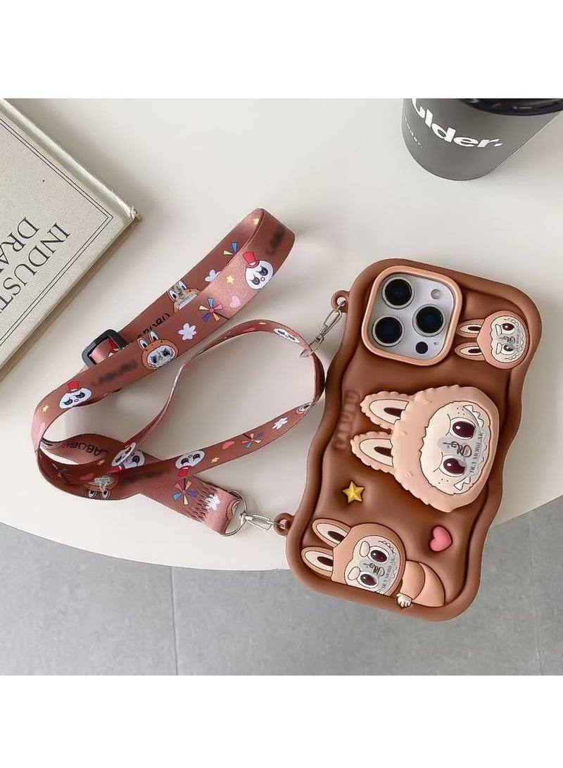 Case 3D Cute Silicone Cover with 3D Stand and Kawaii Shoulder Strap, Kids Girls Soft Funny Shockproof TPU Case With Lanyard For iPhone 11 Pro Max 6.5 Inch (Brown)