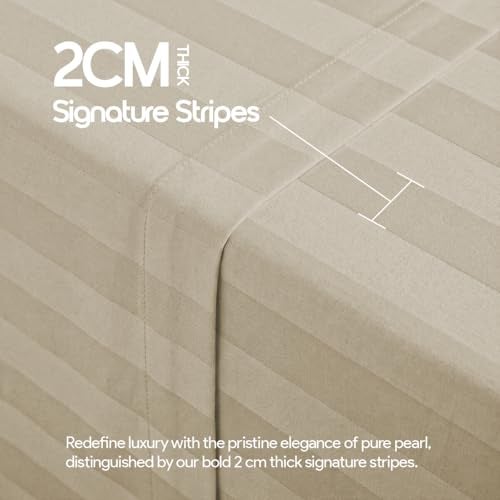 LINENWALAS Cotton 300 TC Fitted Bed Sheet for Queen Bed | Signature 2 CM Sateen Stripe Design | All-Around Elastic for 4–8 Inch Mattresses | Luxury Hotel-Style Bedding (60 x 78, Pearl) - Image 3