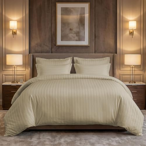 LINENWALAS Cotton 300 TC Fitted Bed Sheet for Queen Bed | Signature 2 CM Sateen Stripe Design | All-Around Elastic for 4–8 Inch Mattresses | Luxury Hotel-Style Bedding (60 x 78, Pearl) - Image 1