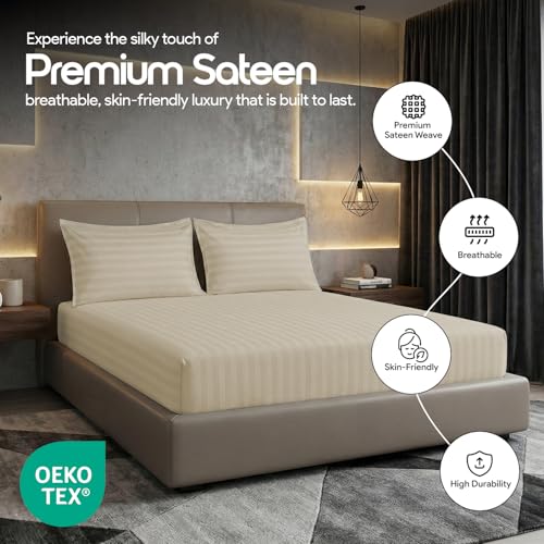 LINENWALAS Cotton 300 TC Fitted Bed Sheet for Queen Bed | Signature 2 CM Sateen Stripe Design | All-Around Elastic for 4–8 Inch Mattresses | Luxury Hotel-Style Bedding (60 x 78, Pearl) - Image 5