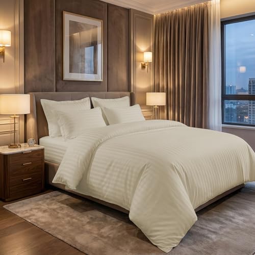 LINENWALAS Cotton 300 TC Fitted Bed Sheet for Queen Bed | Signature 2 CM Sateen Stripe Design | All-Around Elastic for 4–8 Inch Mattresses | Luxury Hotel-Style Bedding (60 x 78, Pearl) - Image 2