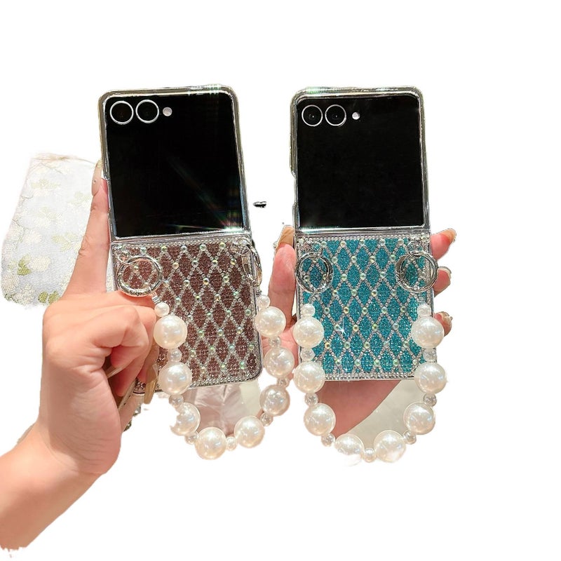 غطاء واقي بTPU باللون رمادي مضاد للانزلاق من مادة TPU لـ Samsung Galaxy Z Flip 4 مع نقش ماسي مطلي بالكهرباء وكريستال ماسي مع مقاوم للصدمات مع قبضة مضادة للانزلاق للعائلة للطاولة - Image 4