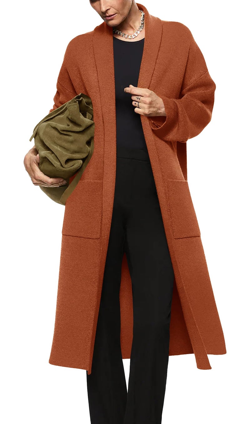 Womens Long Sleeve Maxi Cardigan Open Front Oversized Knitted Sweater Coat Casual Lapel Warm Overcoat with Pockets Orange Red