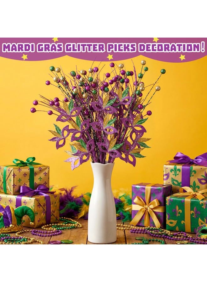 Norme Orme 6 Pcs 16 Inch Mardi Gras Glitter Picks Decoration Mardi Gras Purple Green Gold Artificial Berry Stems Sprays Carnival Tree Branches Decor for Party Tree Topper Vase Table Centerpieces - Image 3