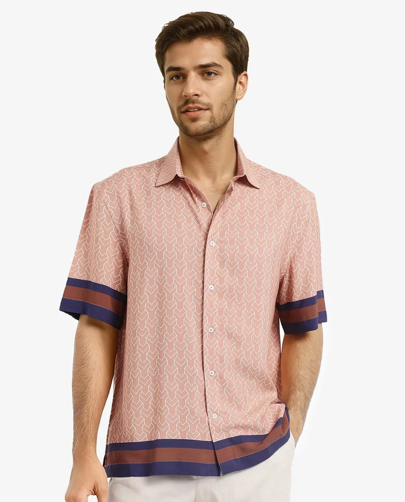 Rare Rabbit Rare Rabbit Men's Hane Beige Viscose Fabric Short Sleeve Boxy Fit Monogram Print Shirt