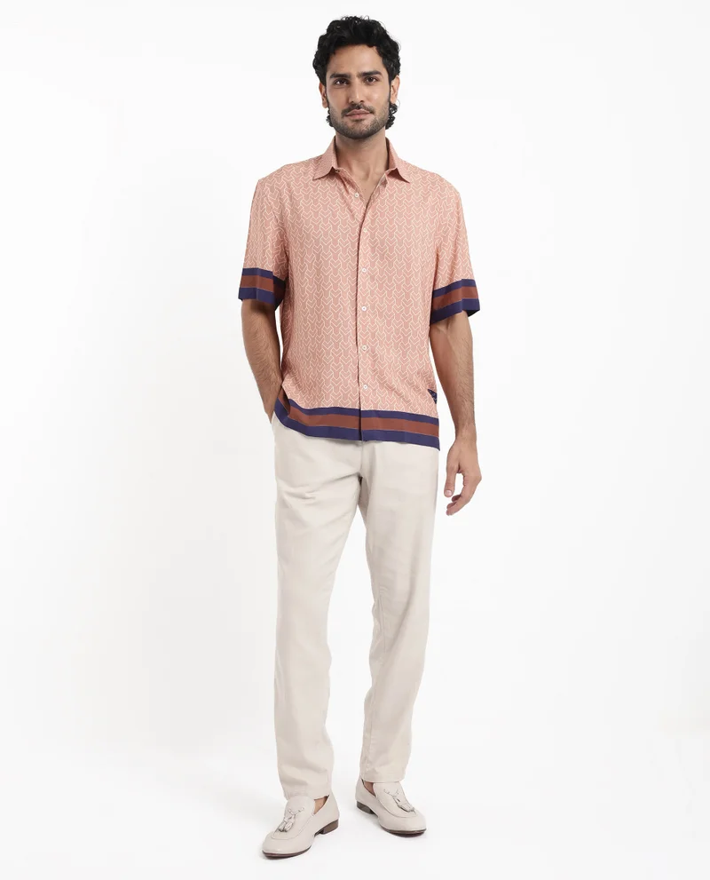 Rare Rabbit Rare Rabbit Men's Hane Beige Viscose Fabric Short Sleeve Boxy Fit Monogram Print Shirt